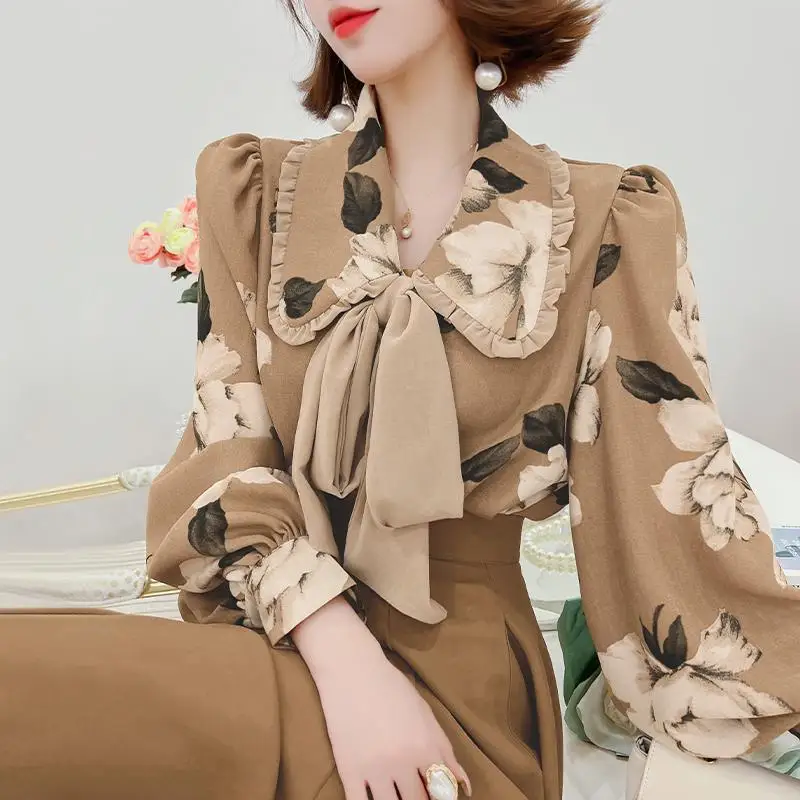 Vintage Hong Kong Style Printed Shirt Women's Clothing Commute Peter Pan Collar 2023 Spring Autumn Fashion Drawstring Bow Blouse 2023 summer foreign trade hot sale men s 3d printed short sleeved lapel hong kong style personalized pocket loose hawaiian shirt