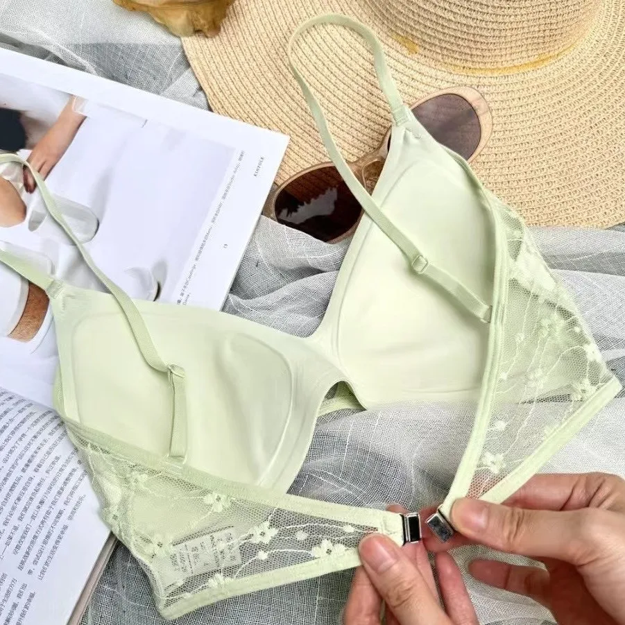 Lingerie di pizzo per l'estate da donna, sottile, busto grande, dimagrante, curva in pizzo, coppa triangolare, bella schiena, reggiseno senza cuciture - immagine 5