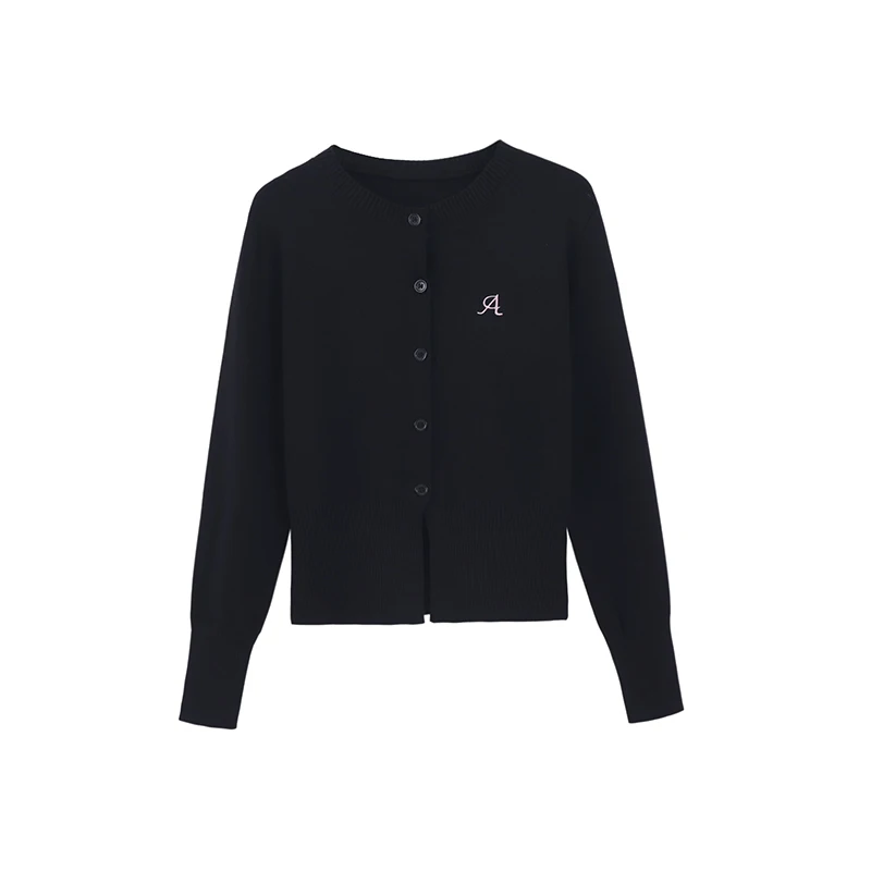 Simple Casual Black Knitted Cardigan P-neck Single Breasted Long