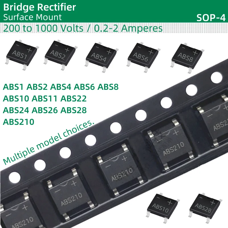 50pcs/lot Bridge Rectifier SOP-4 package ABS1 ABS2 ABS4 ABS6 ABS8 ABS10 ABS11 ABS22 ABS24 ABS26 ABS28 ABS210 200-1000V 0.2-2A