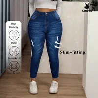 Plus-Size Women's High-Waisted Skinny Stretch Denim Jeans Distressed with Frayed Hem, Perfect for Everyday Casual Outfits - Image 2