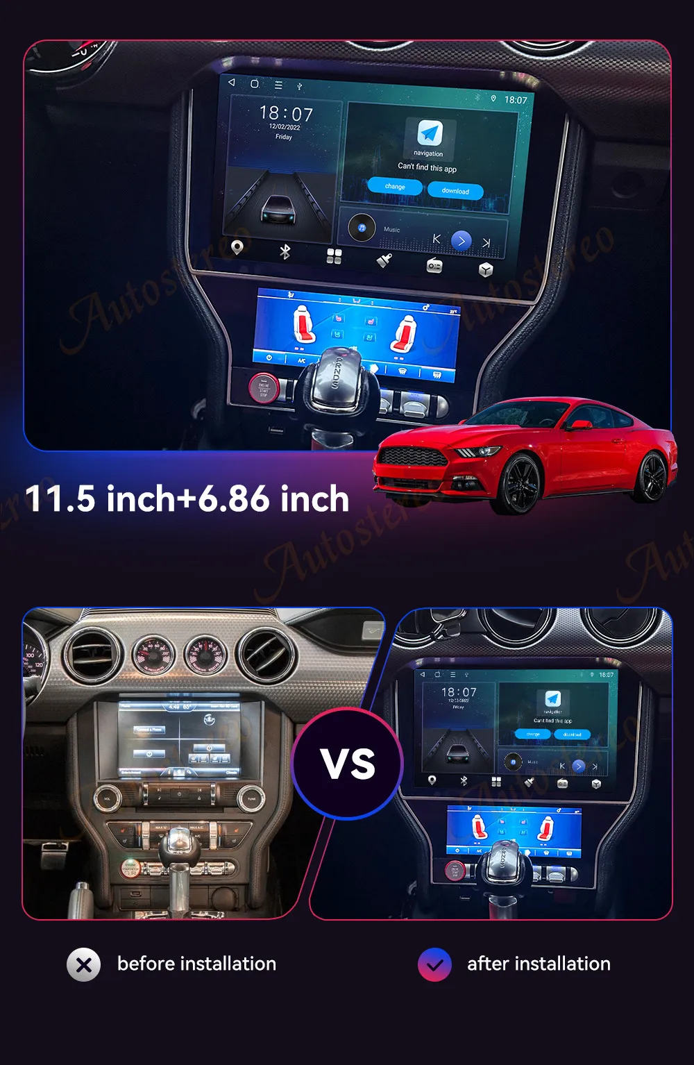 Android 13 Dual Screen For Ford Mustang 2015-2021 Carplay Car GPS Navigation Aut