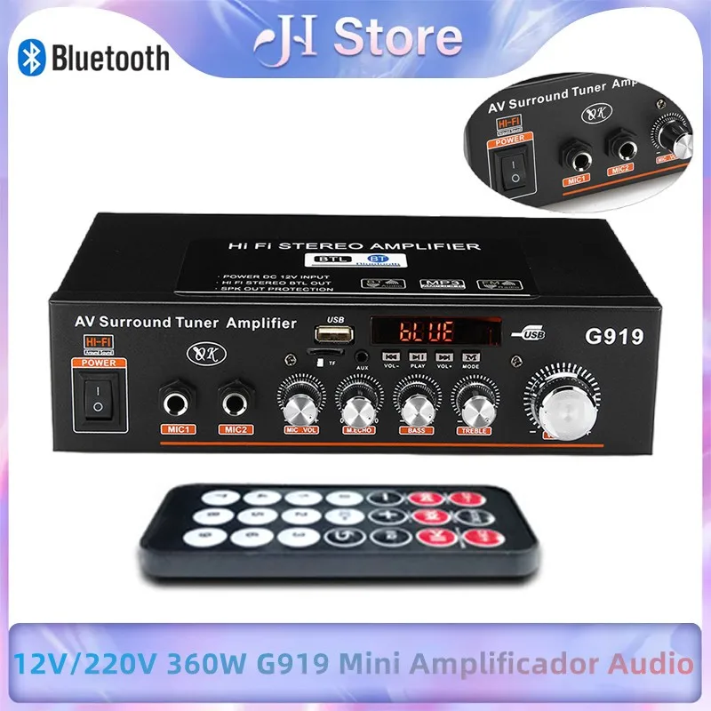 

12V/220V 360W G919 Mini Amplificador Audio Bluetooth Stereo Power Amplifier Digital FM SD Hifi 2CH Amp Music Player For Car Home