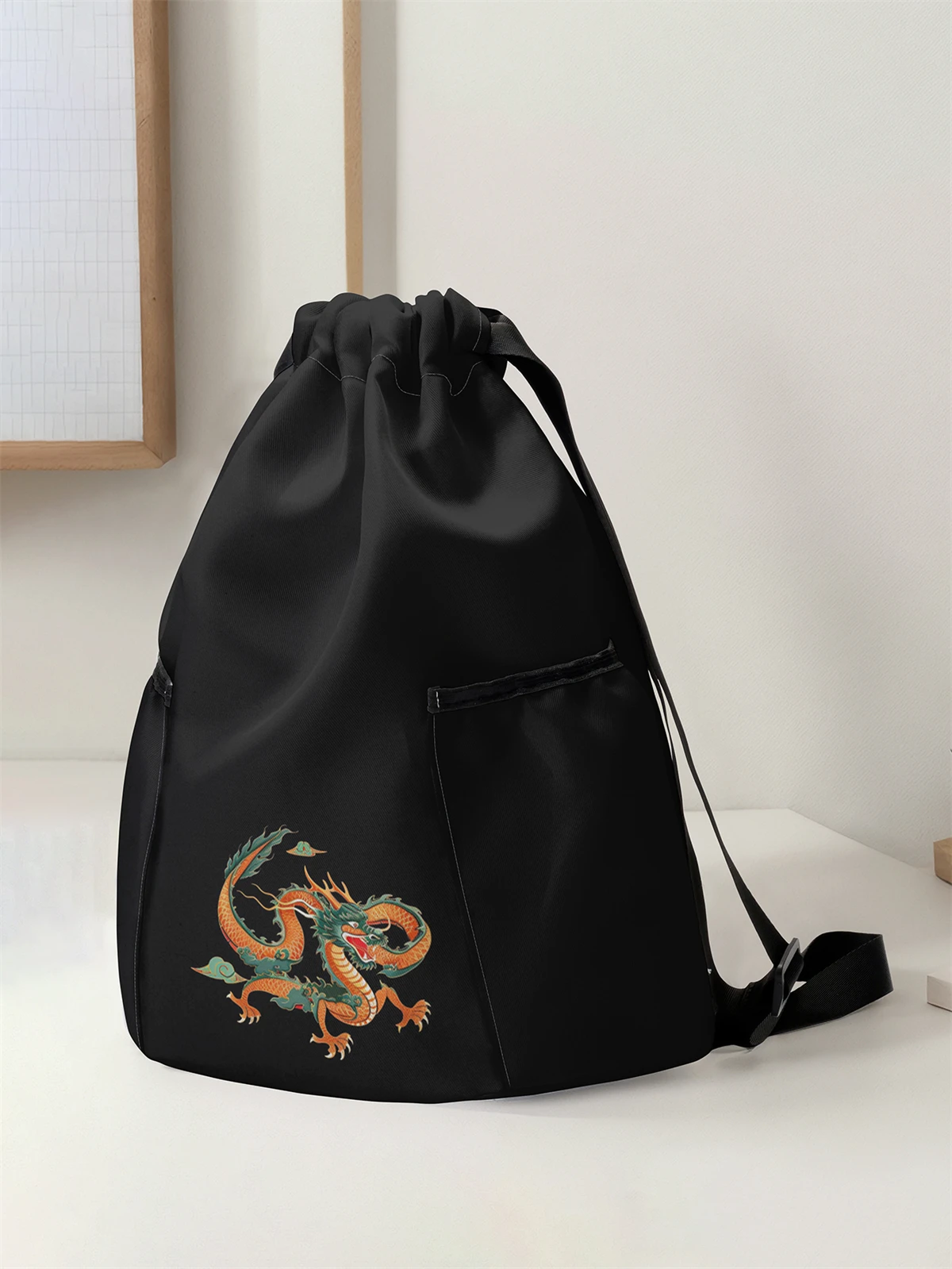 Dragon Pattern Pulling Rope Backpack - Large Capacity Durable Fitness Bag, Adjustable Shoulder Strap, Sports Beach Backpack