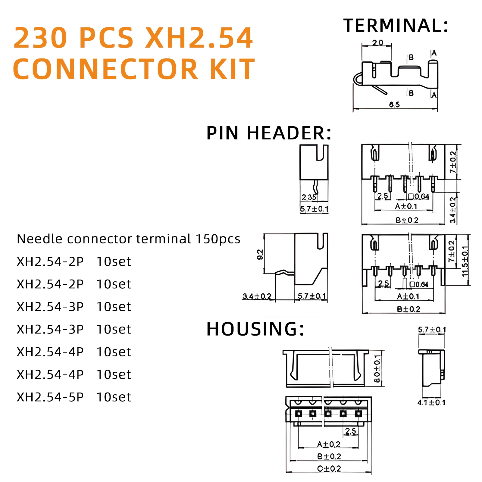 jst connectors 230pcs 2.54mm JST Connector Kit XH-2.54 2/3/4/5/6 Pin Male&Female Housing Connector Adapter Plug 2.54mm Pitch Wire Terminal Kit
