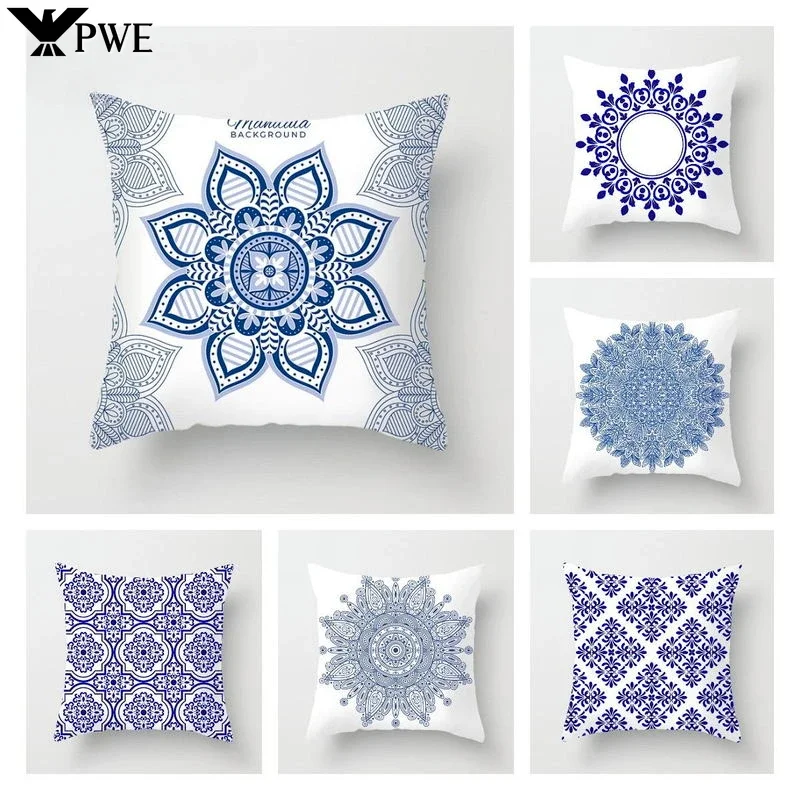 

Blue White Porcelain Print Cushions Case Bohemian Style Mandala Geometry Pillows Case Modern Fashion Sofa Chairs Throw Pillows