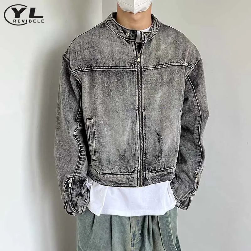 

Wash Distress Zipper Denim Jacket Men Spring Hip Hop Vintage Motorcycle Cowboy Coats High Street Stand Collar Varsity Outwear