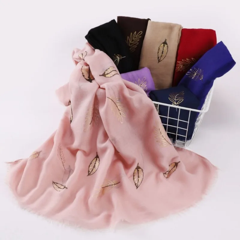 

New TR Cotton Linen Scarf Hijabs for Woman Shawl Big Size Gold Stamping Leafage Printing Scarves Bandana Turban Headband Poncho