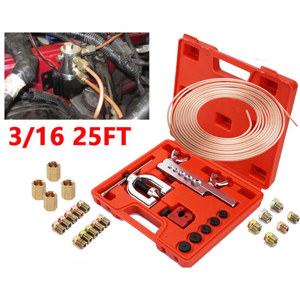 Car Brake Pipes Kit Durable Portable Brake Pipe Repair Kit 3/16 25FT Copper Pipe Flaring Tool&20 Nuts Fittings For Car Accessory