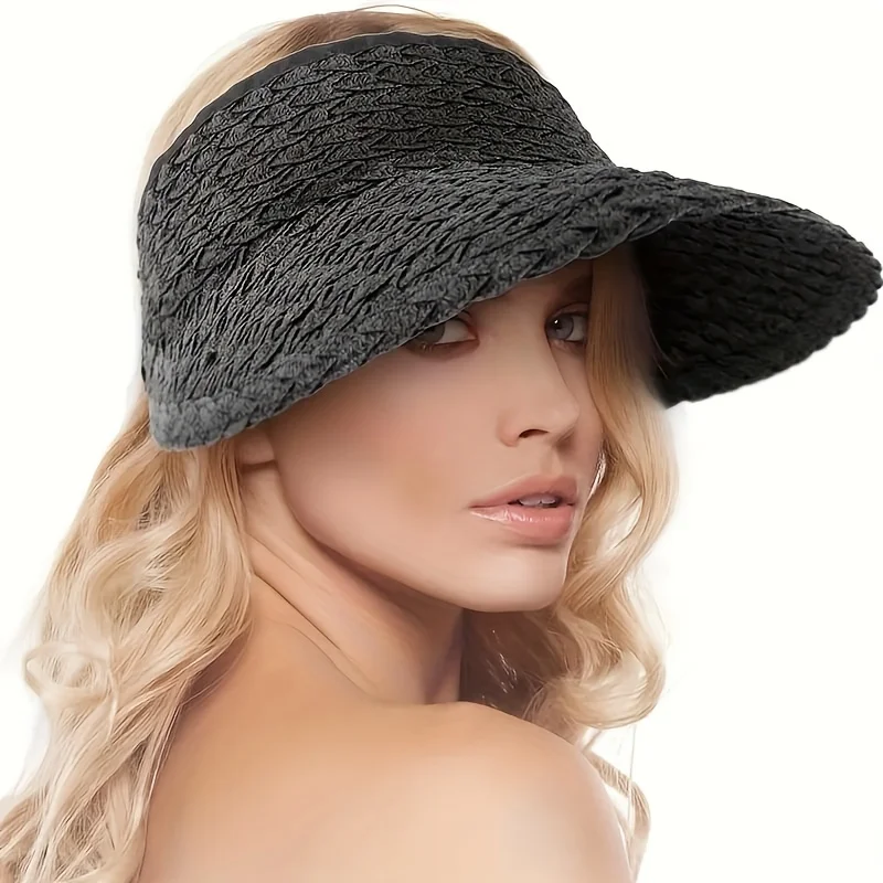 Women's Summer Sun Visor Hat, Foldable Straw Breathable Open-Top , Travel Beach Running Fashion Accessory