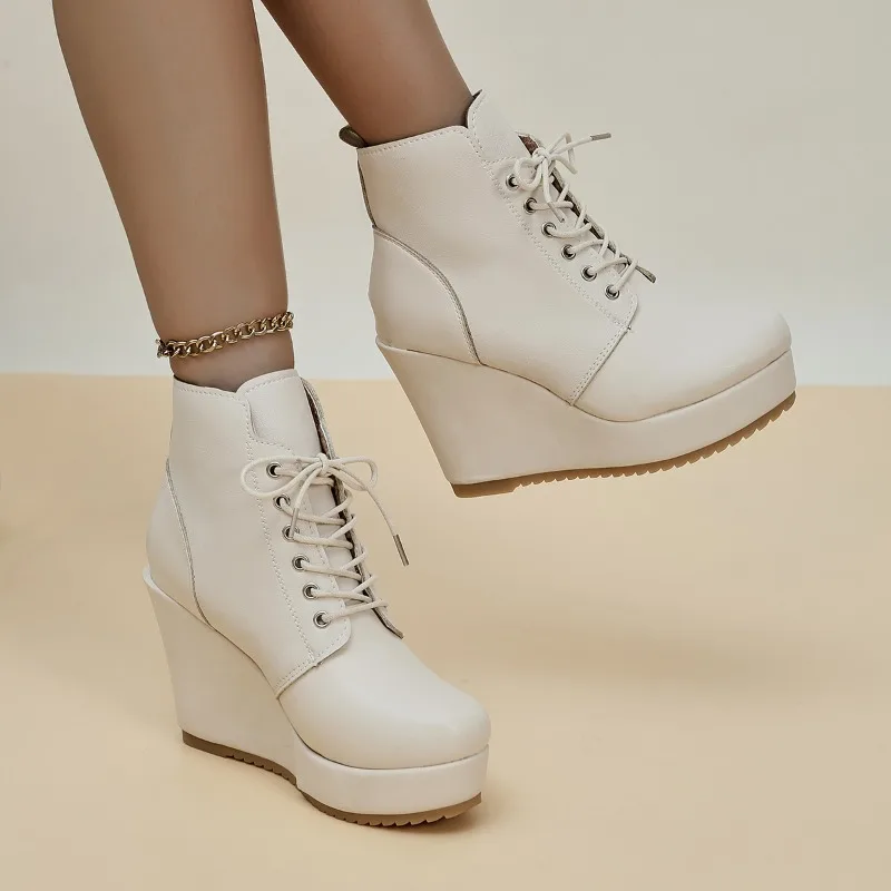 Women's Boots Short Lace Up Wedge Booties Platform Wedge Vintage Booties Comfortable Roman Heels Boots Zapatillas De Mujer
