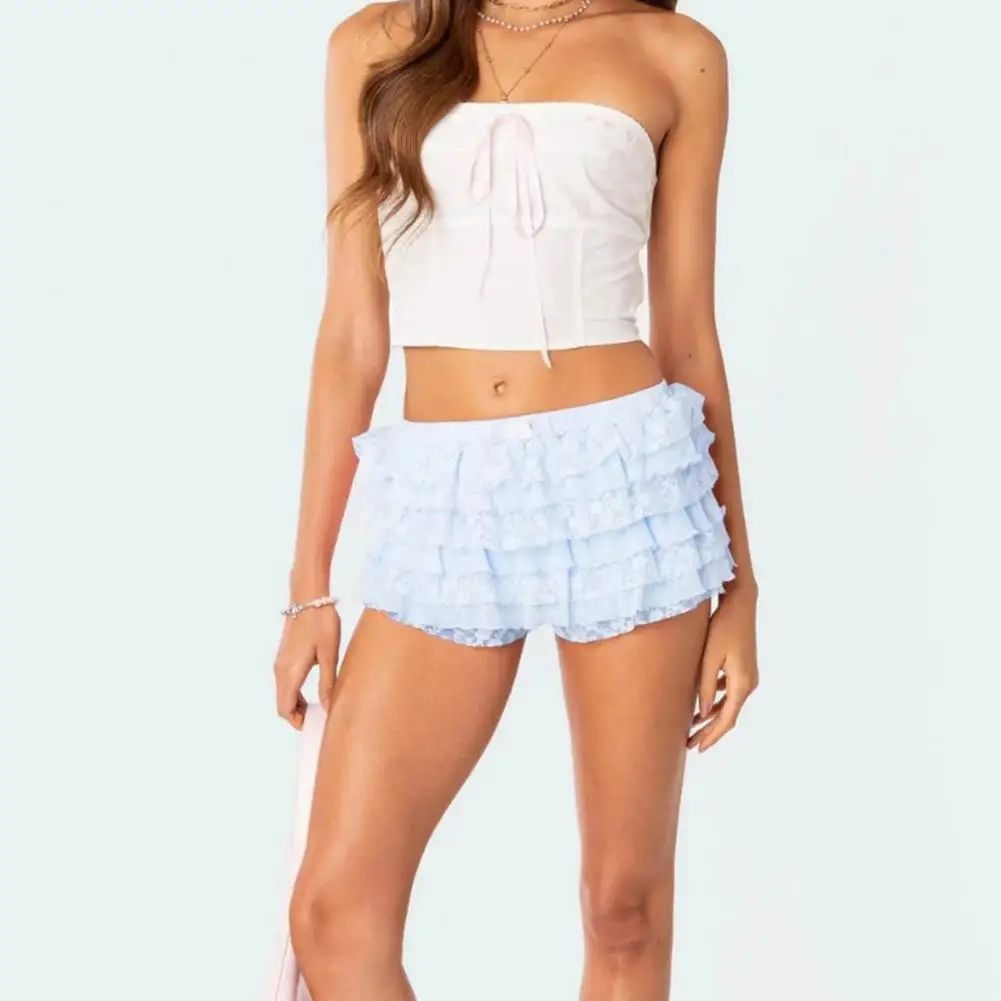

Lace Mini Shorts Elegant Lace Culottes with Layers for Women Above Knee Length Lolita Skirt Shorts with Elastic for Vacation