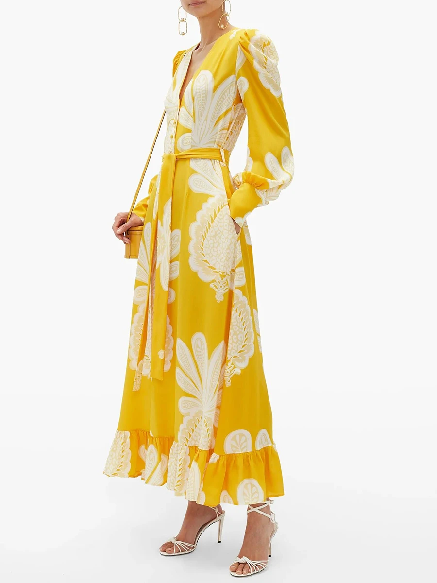 

Женское длинное платье до щиколотки, элегантное желтое платье с широким подолом и цветочным принтом, с поясом на талии и V-образным вырезом, весна-лето