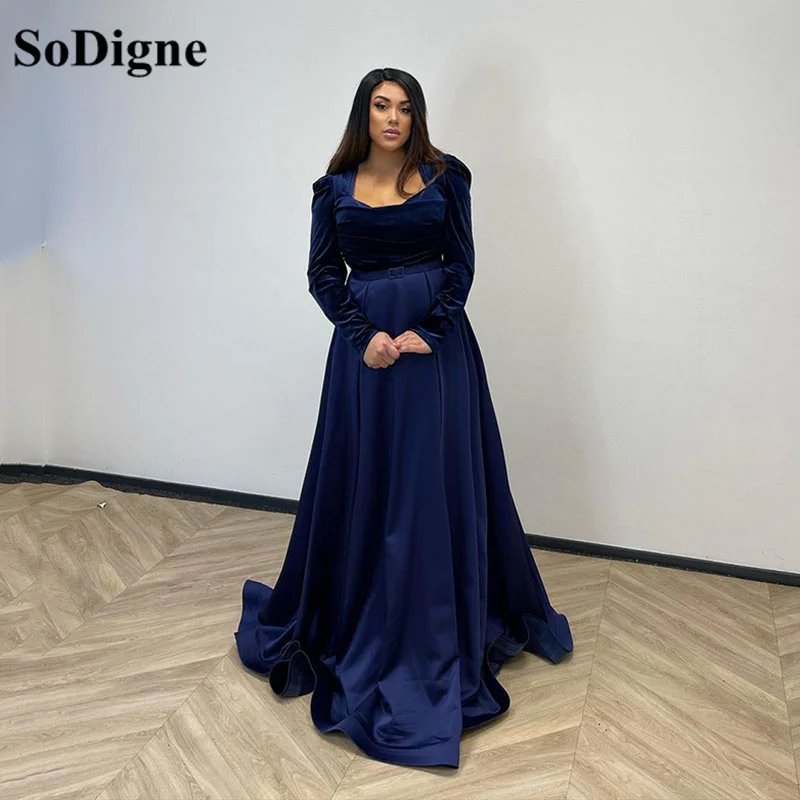 

SoDigne Dubai Evening Dresses for Wedding Party Satin Navy Blue V-Neck Beaded Long Sleeves Celebrity Prom Party Gowns 2023