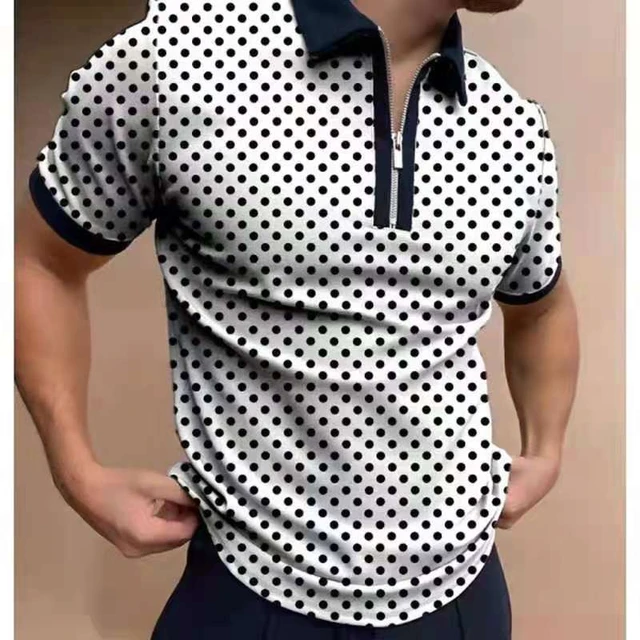 K&B Men Zip Up Polka Dots Polo T-shirt - Black