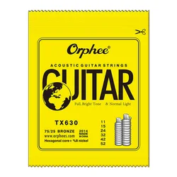 Orphee Acoustic Guitar String Set - 6 Pieces, Hexagonal Core, Full Bright Tone, Folk Guitar Accessories (TX630)