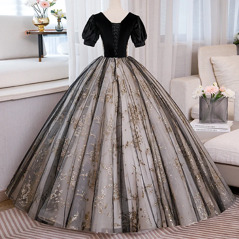 New Vestidos Blackless Short Sleeve Quinceanera Dresses Elegant V-neck Ball Gown Luxury Lace Sequin Party Dress Plus Size