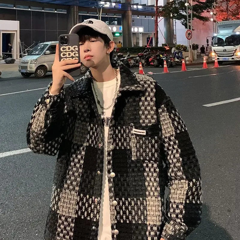 Autumn and Winter New Plaid Jacket Men Loose Loose Korean Style Large Size Leisure Fashion Personality Street Coat Men Clothing