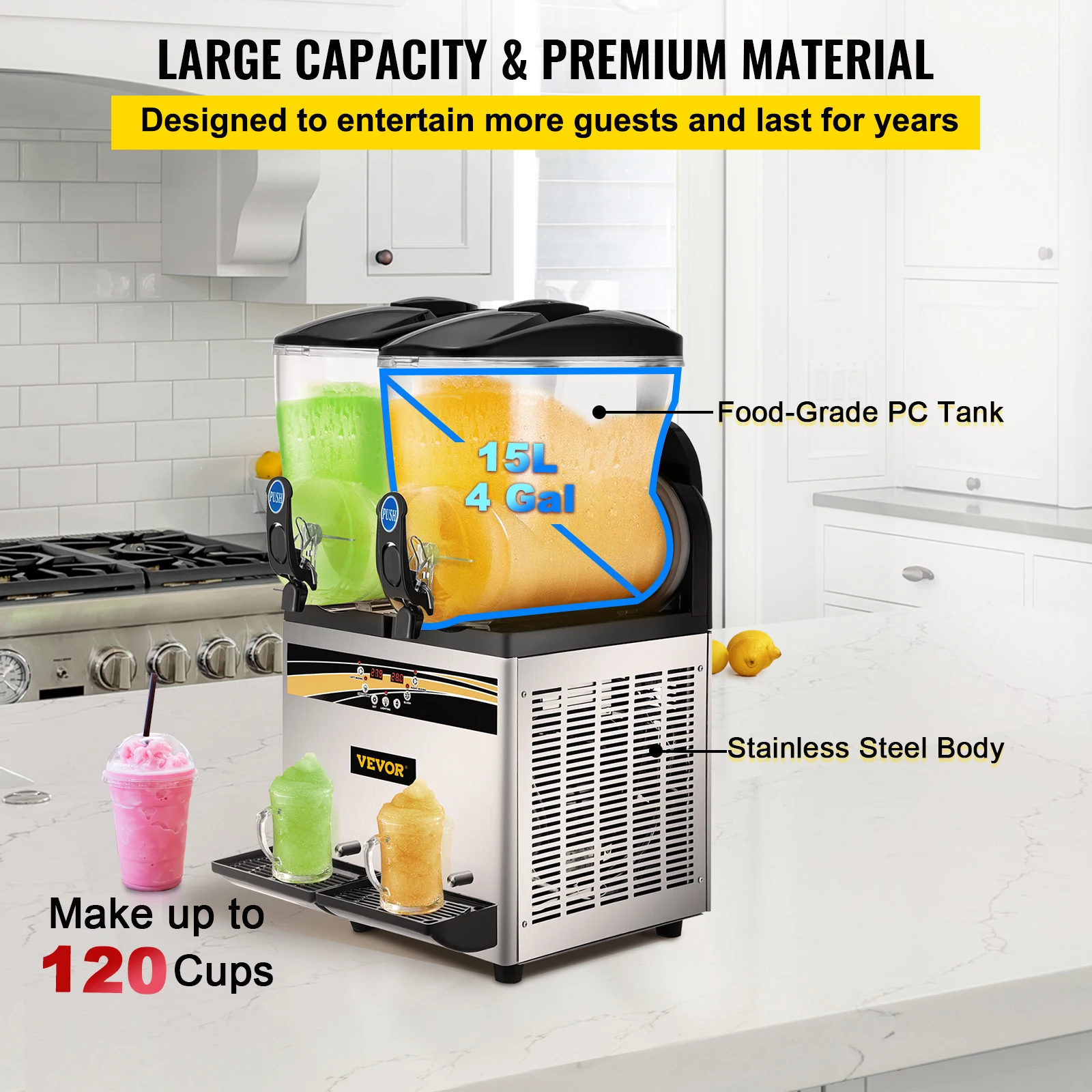 VEVOR Commercial Slushy Machine 15Lx2 Tank Margarita Maker 1000W Stainless Steel Smoothie Frozen Drink Maker for Supermarkets 3