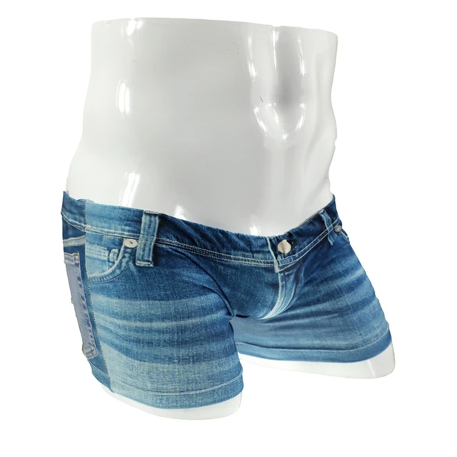 Men Big Pouch Ice Silk 3D Denim Printed Shorts Fake Jean Underwear