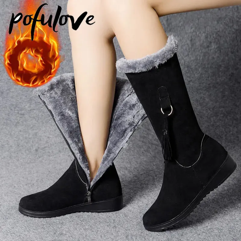 Pofulove Vrouwen Winter Bont Laarzen Pluche Warme Verdikte Zwart Grijs  Enkellaarsjes Antislip Lederen Laarzen Dij Hoge Laarzen - AliExpress