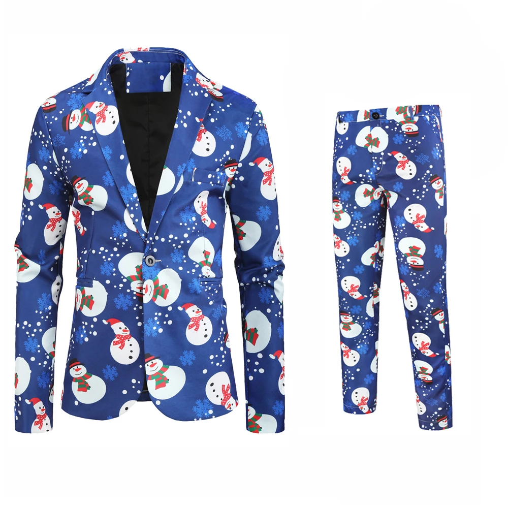 thumbnail image 1 of Traje navideño para hombre de 2 piezas, corte entallado, estampado de muñeco de nieve navideño, para fiesta, disfraz de un solo botón, ropa informal de moda para hombre, 1 of 5