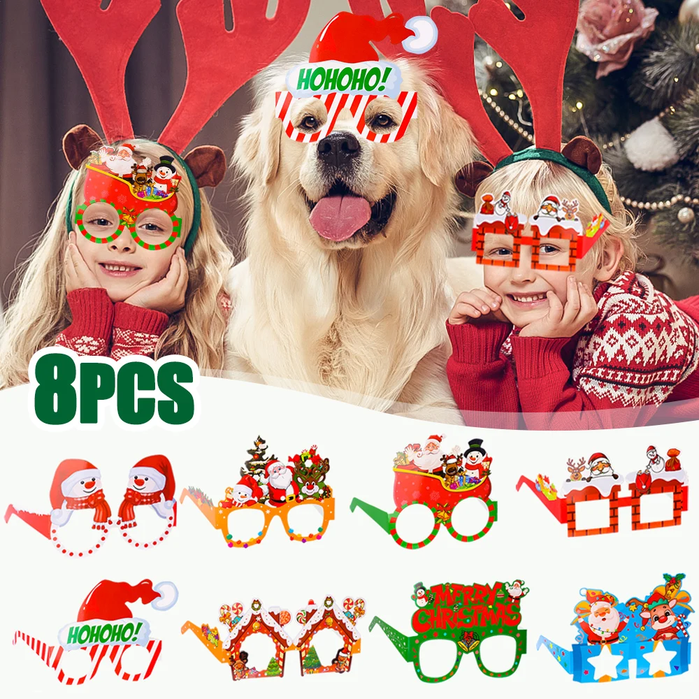 8/9pcs/lot Christmas Themed Party Funny Glasses Photo Props Paper Santa Claus Snowman Decorated Glasses Kids Festivals Toy Gifts casual pink cowgirl hat western cowboy hat feather brim cowboy hat all match for themed birthday party photo prop