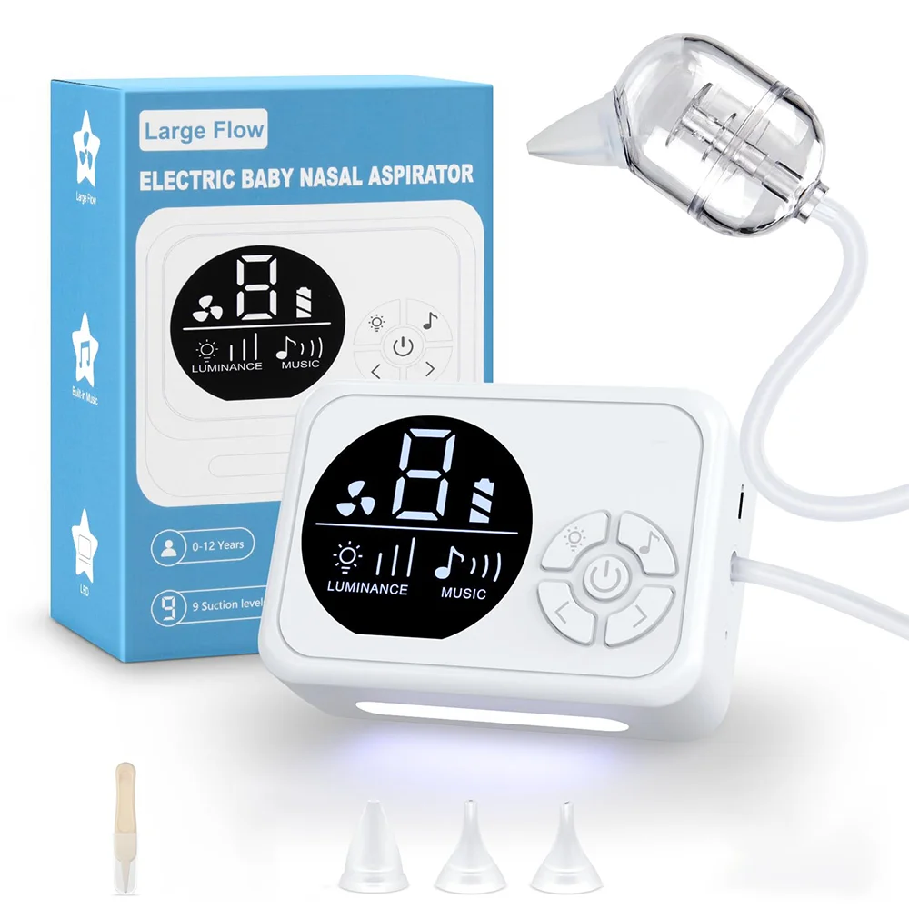 Baby Nasal Aspirator Electric Nose Cleaner with Built-In Music & Night Light Rechargeable Nose Booger Sucker for Infants Babies 6