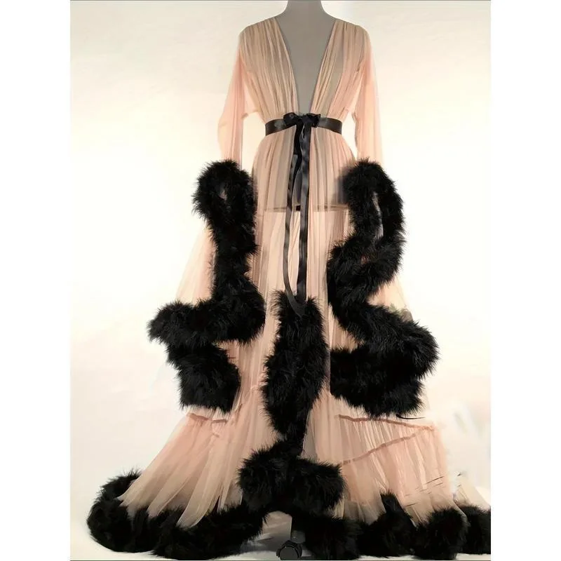 Women's Long Plush Robe Luxury See through Kimono Elegant Ethnic Style Spring Fashion Ladies' Specialty Clothing