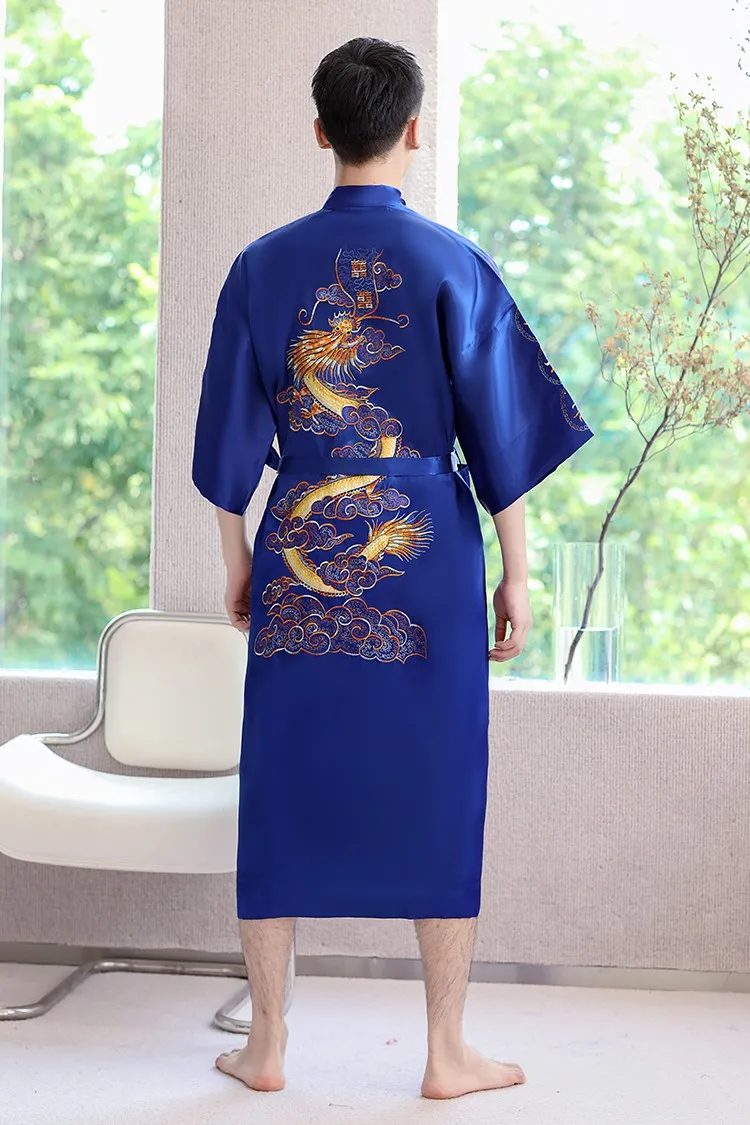 Sleepwear Men Robe Embroidery Dragon Summer Kimono Bath Gown Sexy Nightwear Loose Bathrobe Lingerie V-Neck Oversized Loungewear mens silk pajamas