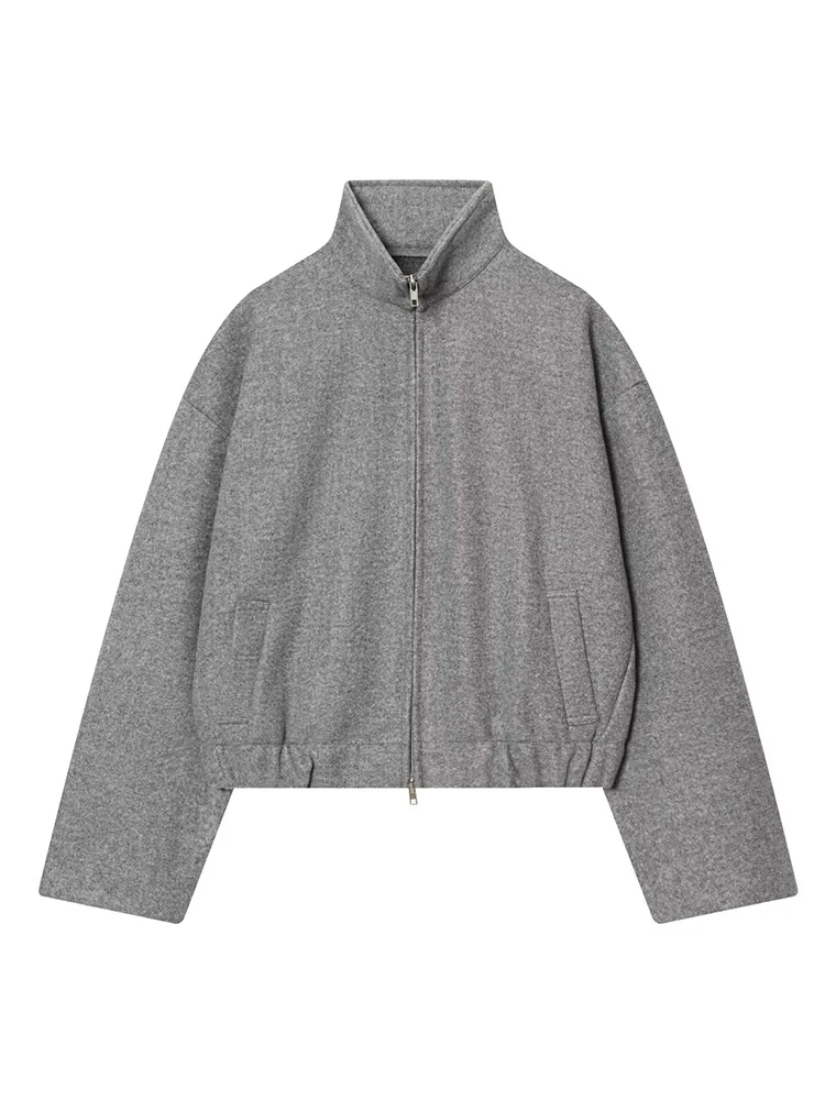 2025 Women's Casual With Pockets Oversized Bomber Jacket Coat Fashion Vintage Stand Collar Long Sleeve Zipper Female Outerwear