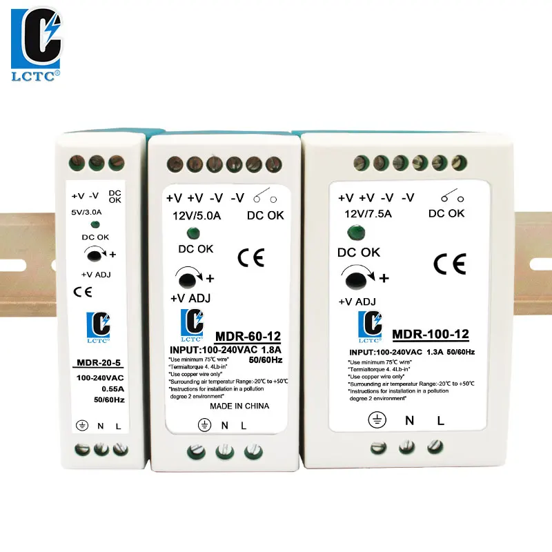 LCTC 스위칭 전원 공급 장치 MDR-20W, AC DC 단일 출력 스위치, DIN 레일 전원 공급 장치, 5V, 12V, 24V, 48V, 60W, 100W