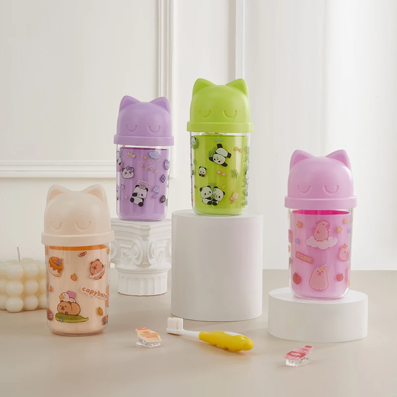 Travel Cute Cat Shape With Cartoon Stickers, Business Trip Wash Box, Mouthwash Toothbrush Cup, Portable Den_voghion.com