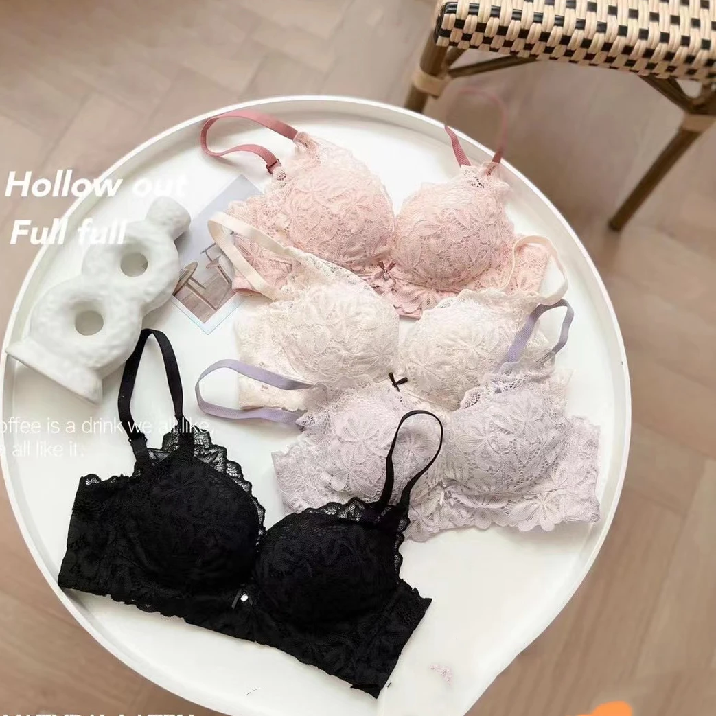 lace underwear set Sweet Water Soluble Lace Underwear Bra Set Comfortable No Underwire Sexy Small Chest Thick Side Deep V Push Up Cotton Intimates french knickers set