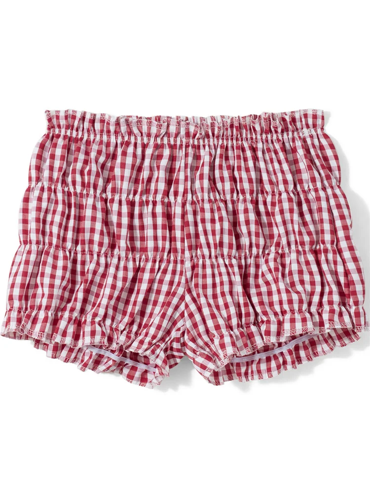 

CHRONSTYLE Women Summer Ruffles Shorts Loose Casual Plaid Print Elastic Waist Party Short Pants Beach Nightclub Streetwear 2024
