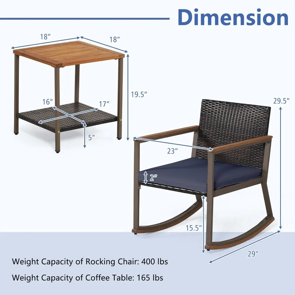 3 Pieces Rocking Bistro Set,Outdoor Rocker Chair with Coffee Table&Cushions,Patio Rattan Furniture Conversation Set for Balcony 5