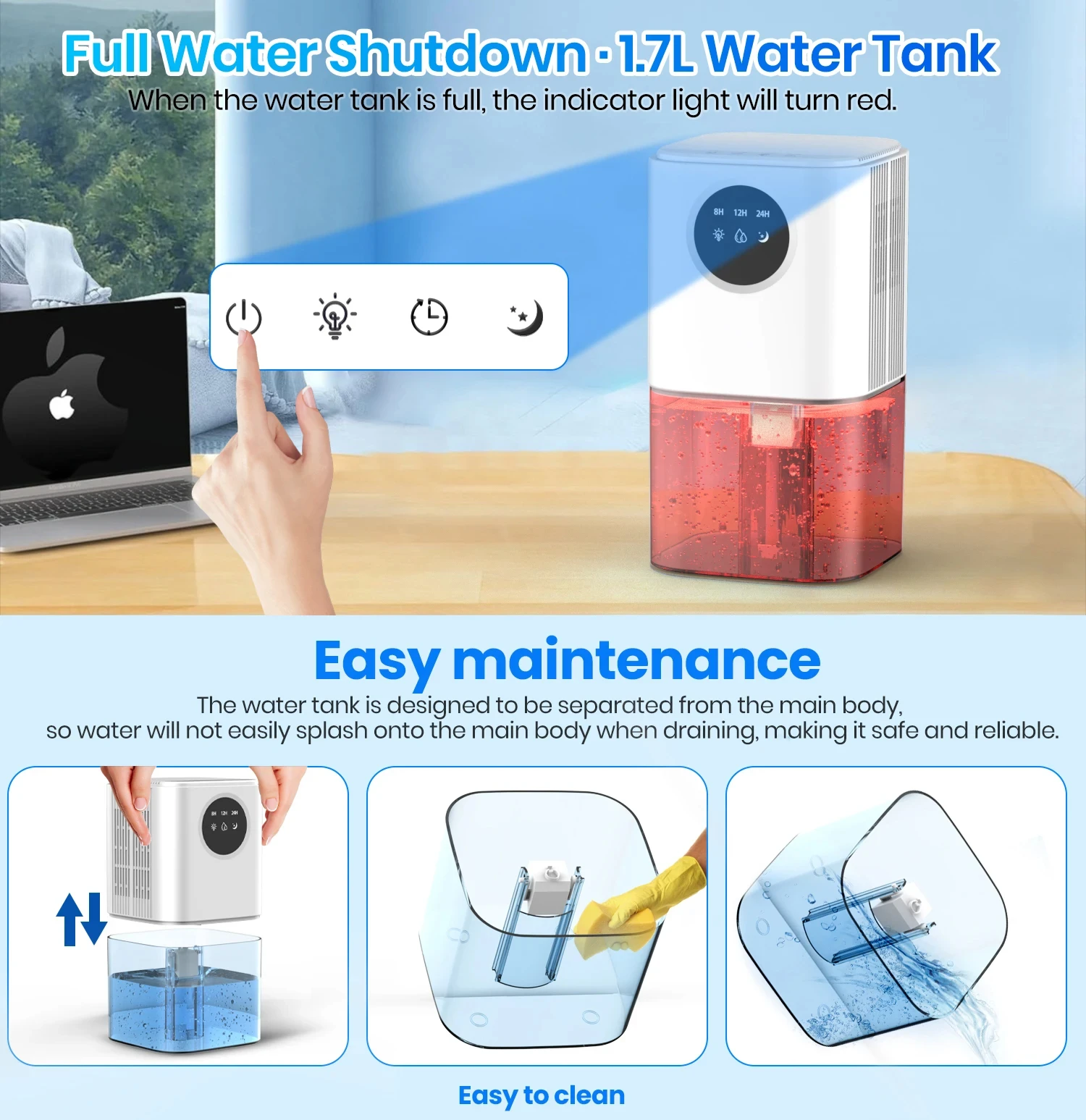 Description Picture 4 of itemSmart Home Dehumidifier 1.7L Large Capacity Dehumidifier Bathroom Basement Timing Dehumidifier with Colored Lights