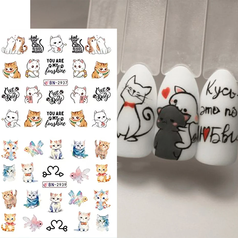 12pcs Nail Stickers nail stickers nail decals nail art decoration Cartoon Cute Cat Stickers Nail Decals Love Heart Anime Childlike Nail Art Water Sliders Tattoo Decorations Manicure