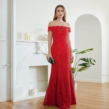 فساتين وصيفة الشرف طويلة حورية البحر باللون الأحمر الساحر أنيقة قبالة الكتف مطرز بالخرز من الدانتيل بطول الأرض لحفلات الزفاف والحفلات الراقصة