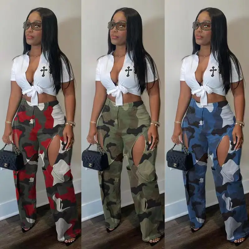 

woman camouflage print sexy ripped cross design workwear style straight barrel stretch pants comfortable to wear outdoor sports