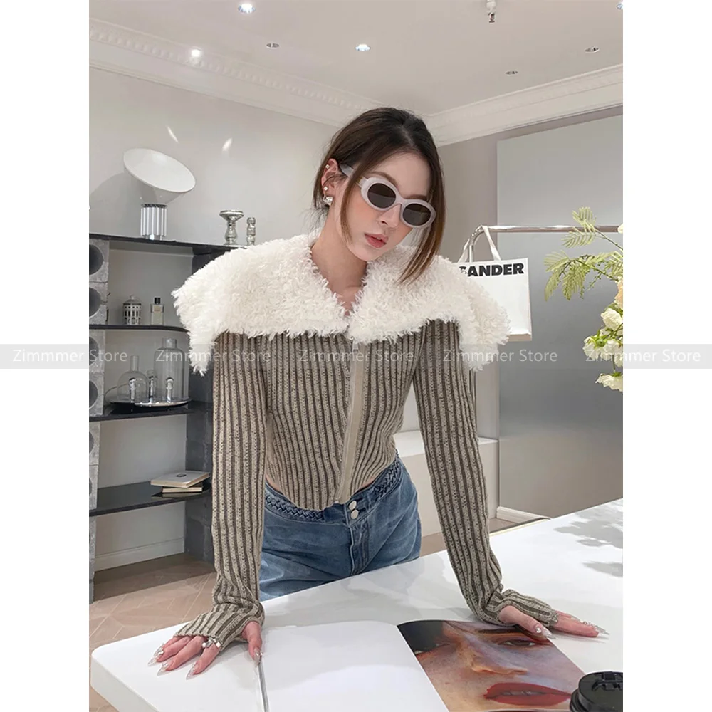 

23 years autumn new fashionable niche fur collar decoration large lapel short section zip knitted jacket women