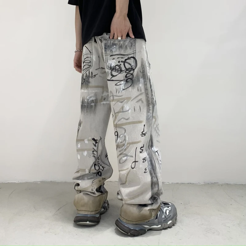 2024Men Graffiti Print Streetwear Fashion Hip Hop Loose Casual Wide Leg Denim Baggy Jeans Pants Man StraightJeans Trousers XXL