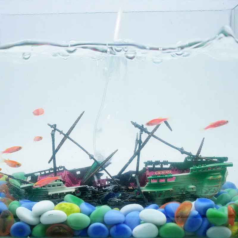 Grand aquarium en plastique avec fente d'air, poisson de naufrage, décor précieux, décoration de bateau, soleil, 24x13cm