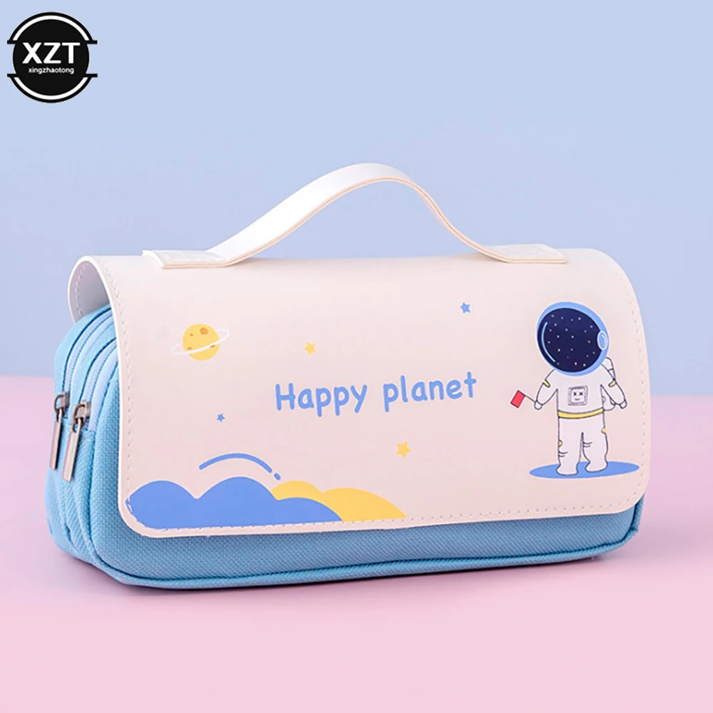 Space astronaut portable pencil case cute cartoon kids stationery bag large capacity storage bag school studen canvas pencil
