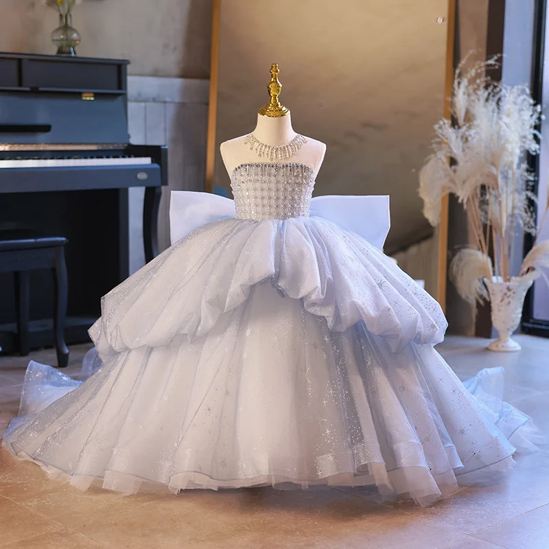 

Kids Dresses For Party Wedding Dress 2023 new Blue Drag Tail baby Girls Princess Tube Dress Beading bow Children Pageant Gown