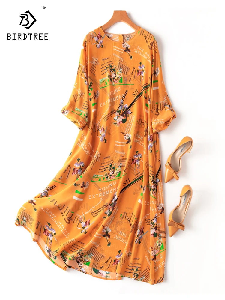 

Birdtree 100%Silk Women Printed Dresses Crepe A Line O Neck Loose Mid Dress 2023 Spring Summer Holiday Clothes Orange D36924QC