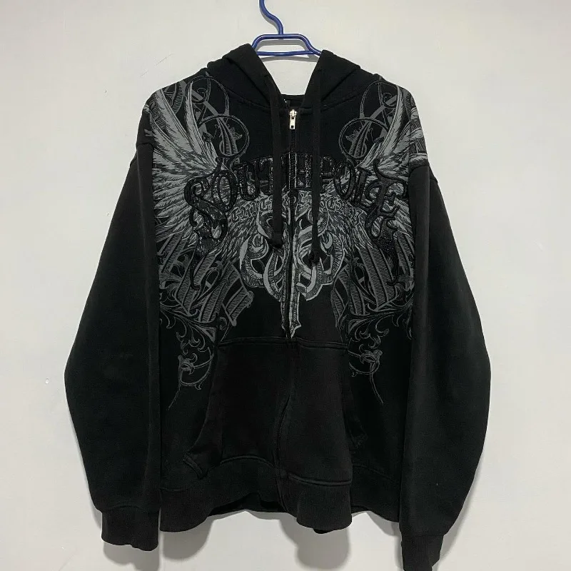 Y2K Zip Up Felpa con cappuccio gotico stampa grafica giacca manica lunga Spider stampa oversize Pullover Felpa Egirl Streetwear, Marrone, XL