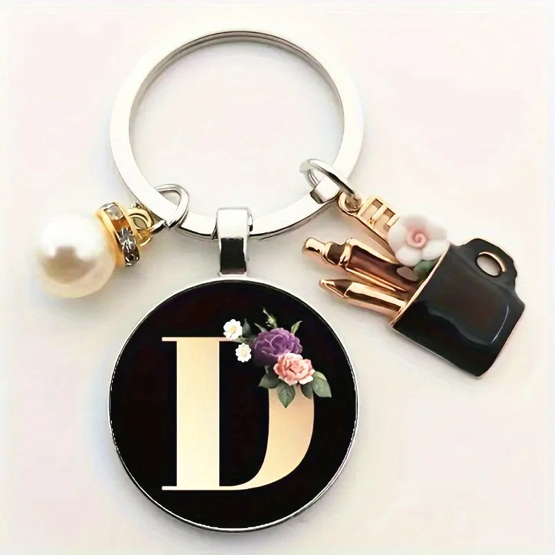 1 Elegant Women Alloy Initial Keychain with Imitation Pearl Vibrant Red Floral Design - Stylish Bag Charm & Perfect Gift for Her 3