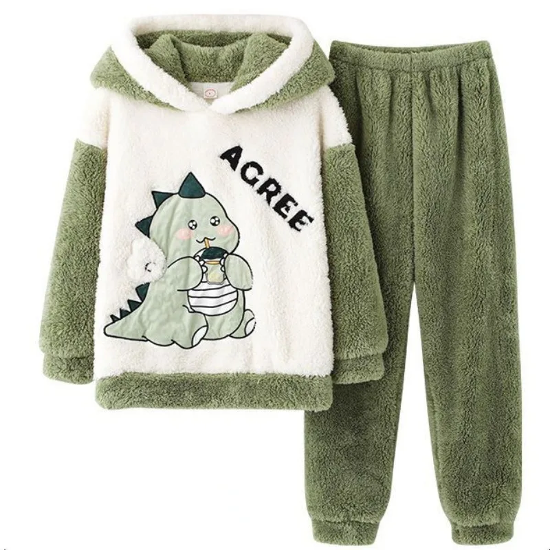 2023 Women's Flannel Pajamas Ladies Set Coral Fleece Student Loungewear Cute Long Sleeve Thick Spring Autumn Winter Homewear