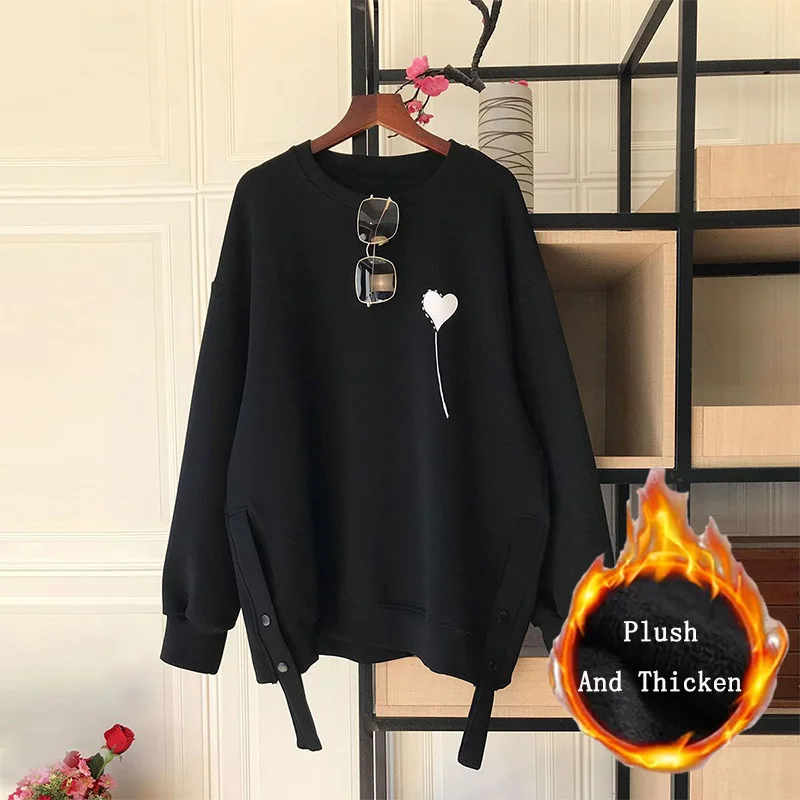 Casual Autumn Winter Plus Size Sweatshirts Regular/Plush and Thicken Crew Neck Love Heart Print Patchwork Button Long Sleeve Top